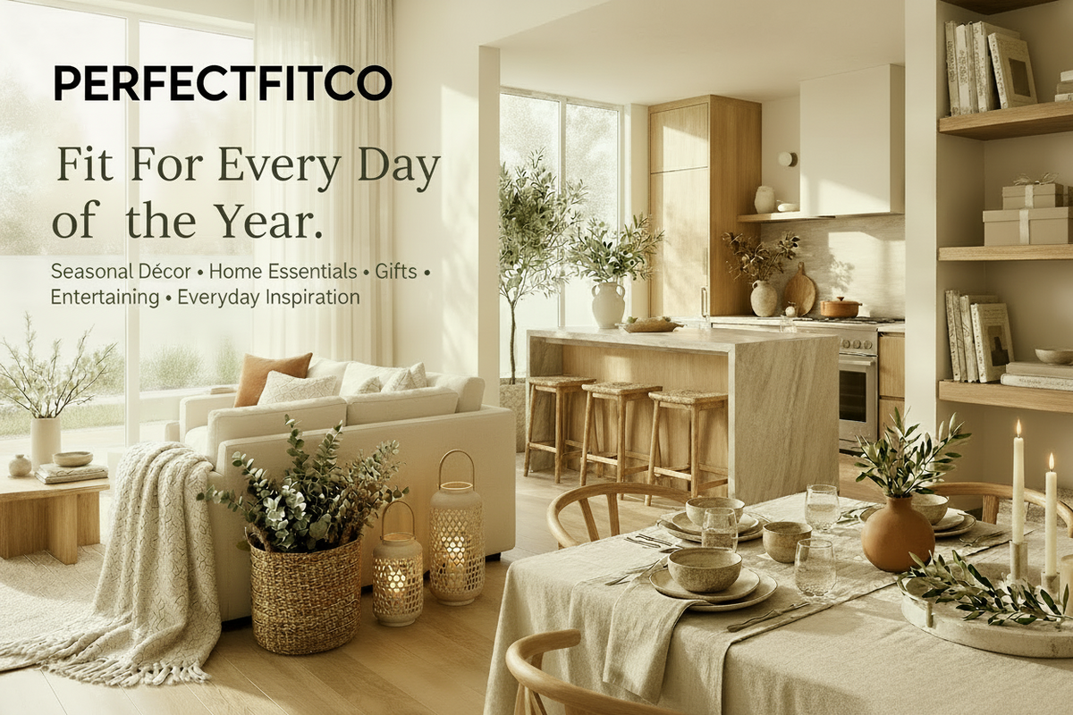 A styled interior scene with a sofa, dining table, kitchen island, shelves, and decorative plants in a warm neutral palette. Large text at the left reads 'PerfectFitCo' and Fit For Every of the Year.